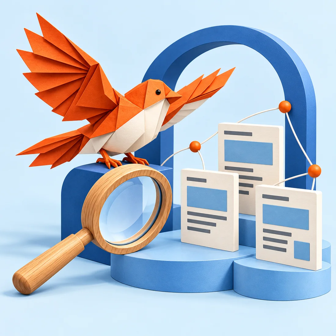 Illustration of Percy, an orange origami bird, researching connected web pages.